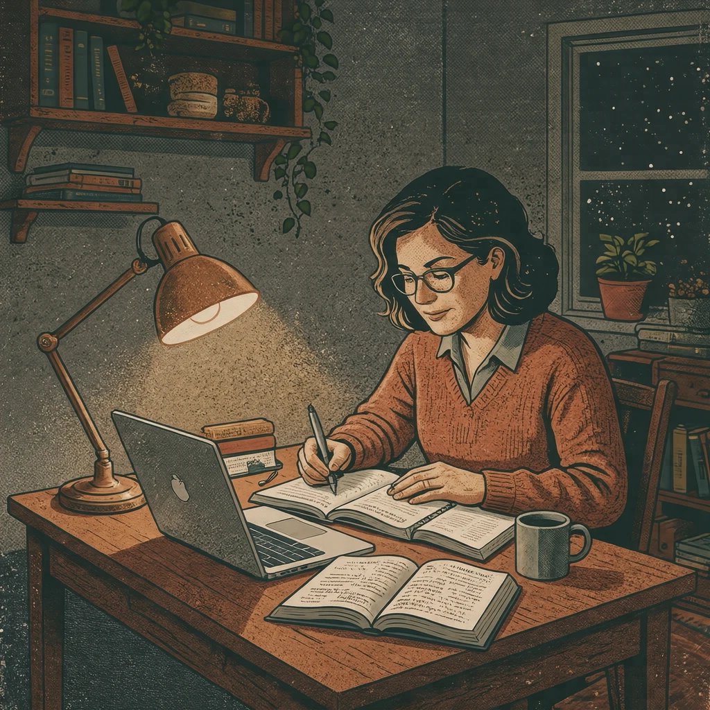 夜に資格取得の勉強をする社会人のイラスト（レトロ印刷）