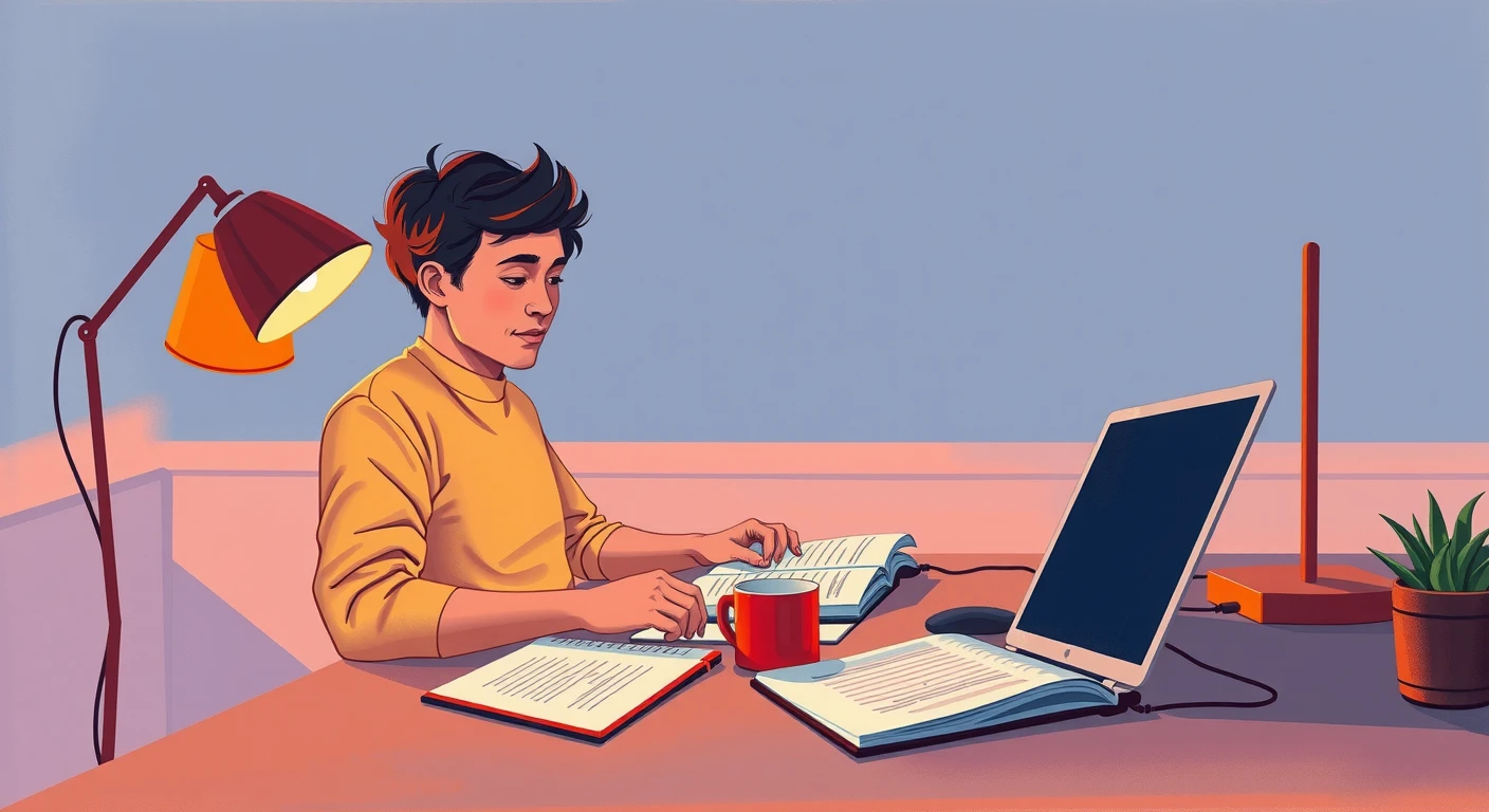 夜に資格取得の勉強をする社会人のグアッシュ画風イラスト