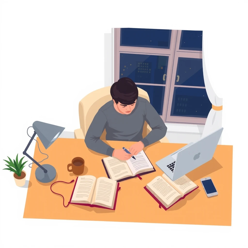 夜に資格取得の勉強をする社会人のフラットイラスト