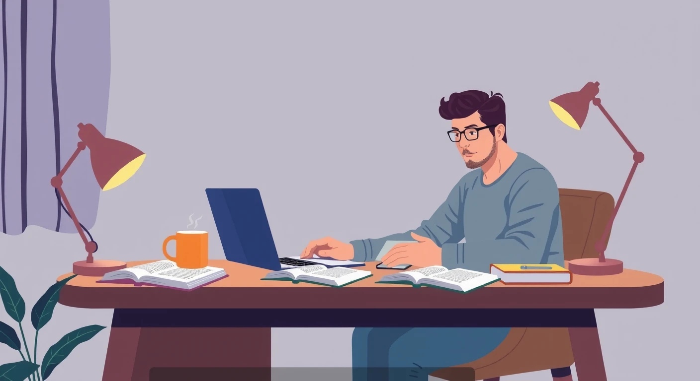 夜に資格取得の勉強をする社会人のフラットイラスト