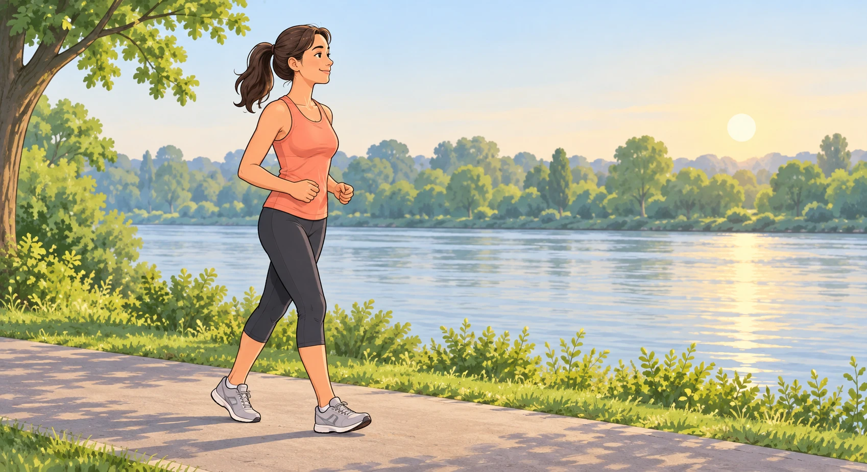 朝の公園をランニングする人のイラスト(ゆるいイラスト)