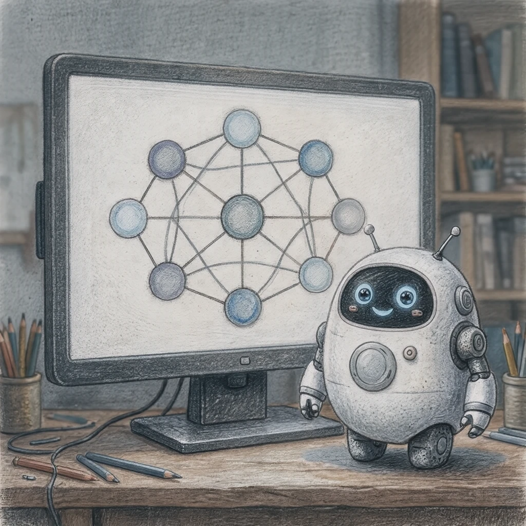 ニューラルネットワークとAIロボットのイラスト（色鉛筆）