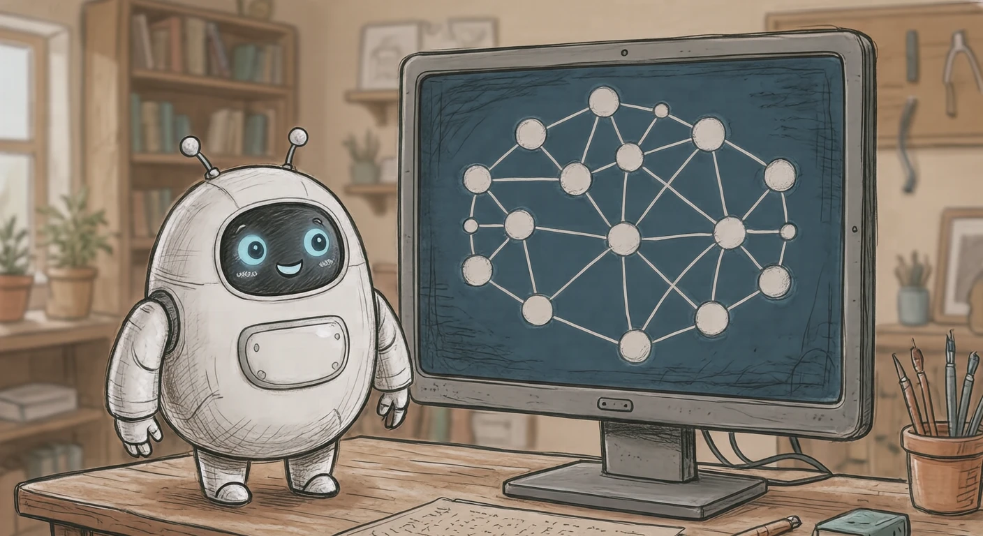 ニューラルネットワークとAIロボットのイラスト（手描き風）