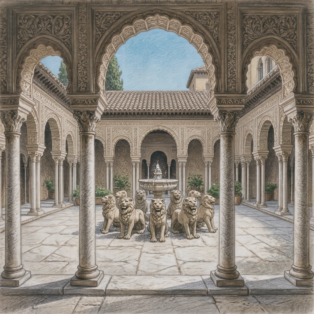 Illustration of the Court of the Lions at the Alhambra, a World Heritage Site (colored pencil)