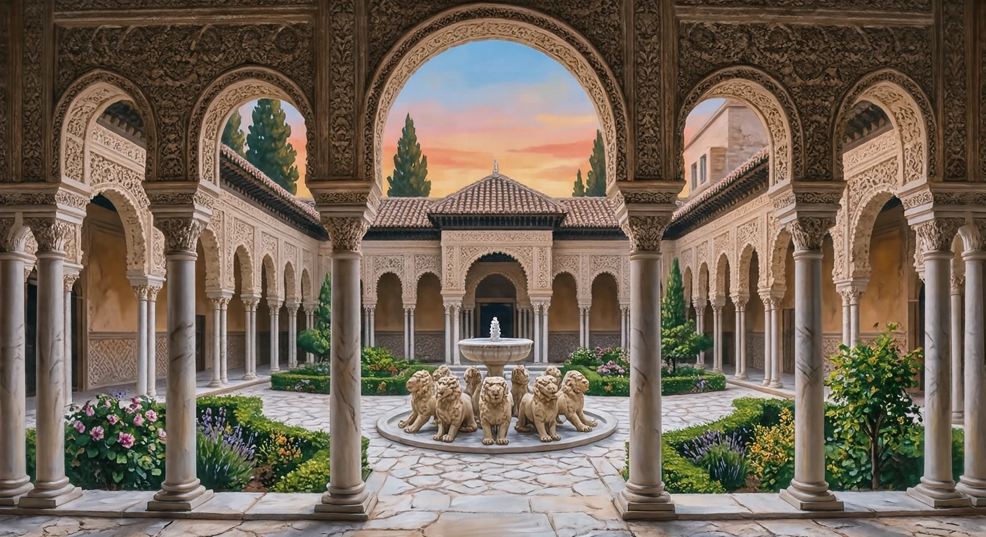 Illustration of the Court of the Lions at the Alhambra, a World Heritage Site (gouache)