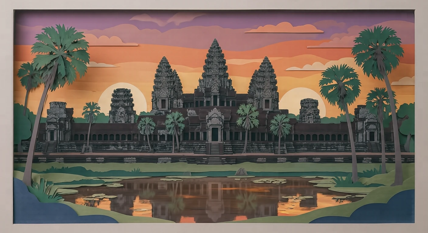 世界遺産・夕暮れのアンコール・ワットのイラスト(切り絵)