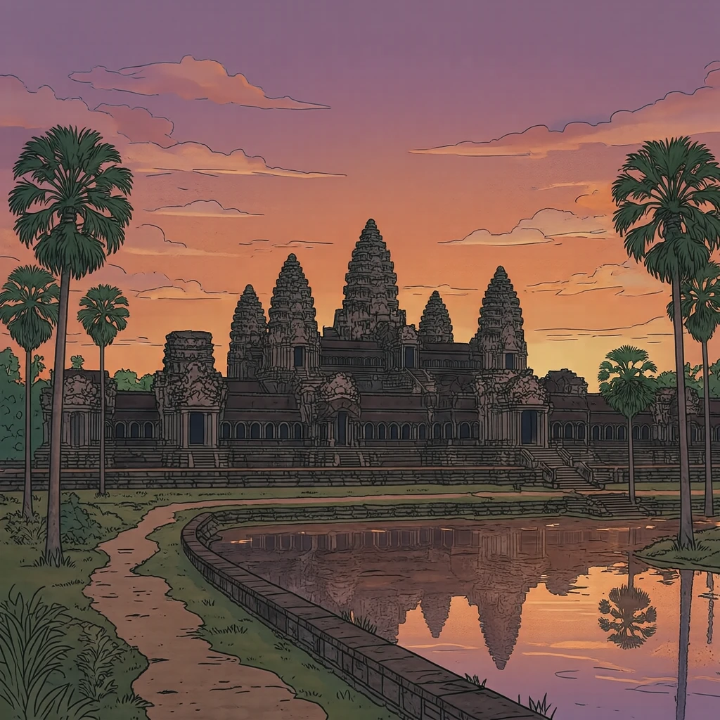 世界遺産・夕暮れのアンコール・ワットのイラスト(シンプル線画)