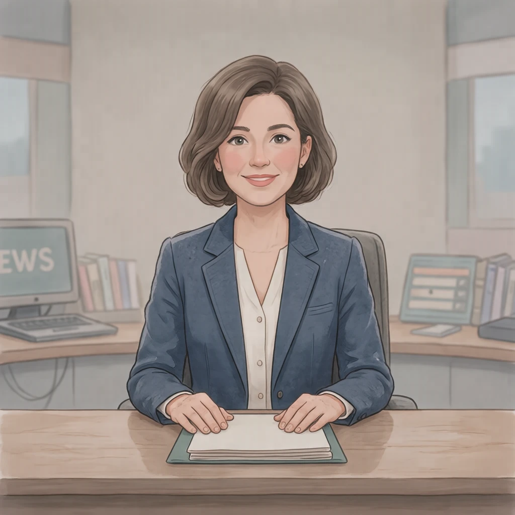 放送中のスタジオでニュースデスクに座るアナウンサーのイラスト（ソフトパステル）