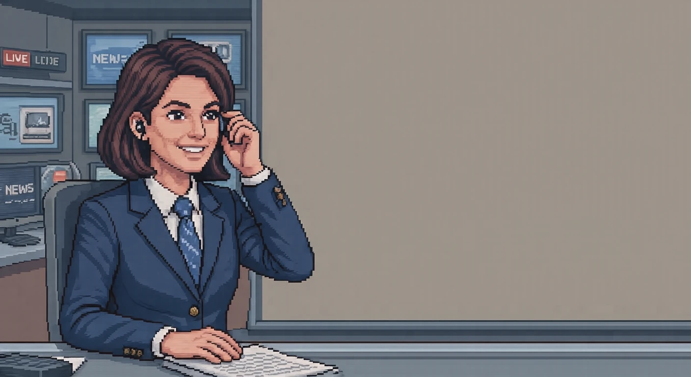 放送中のスタジオでイヤホンに手をあてるアナウンサーのイラスト（ドット絵）