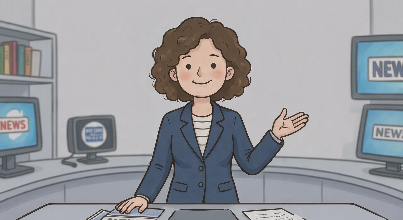 放送中のスタジオで手で示しながら伝えるアナウンサーのイラスト（ゆるいイラスト）