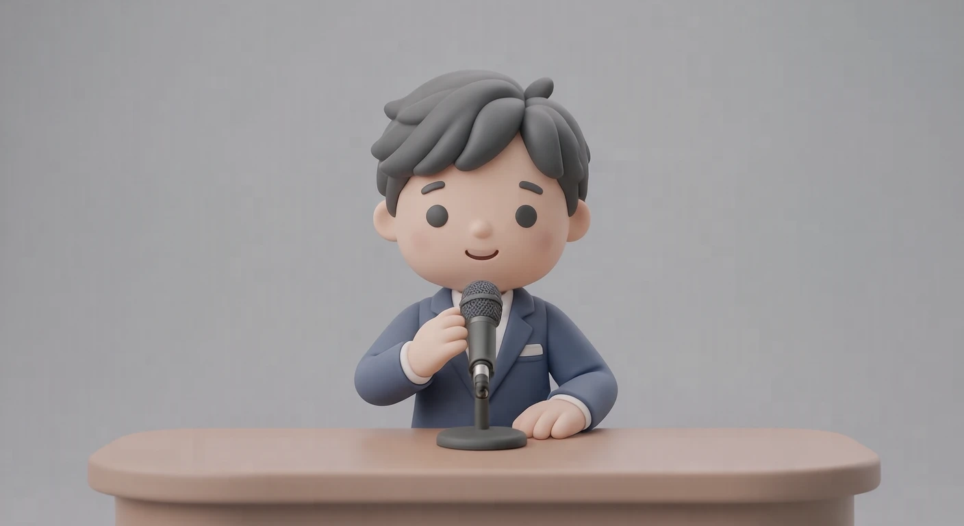 放送中のスタジオでマイクに向かって話すアナウンサーのイラスト（ソフト3D）