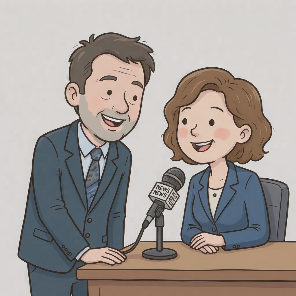 放送中のスタジオでマイクに向かって話すアナウンサーのイラスト（ゆるいイラスト）