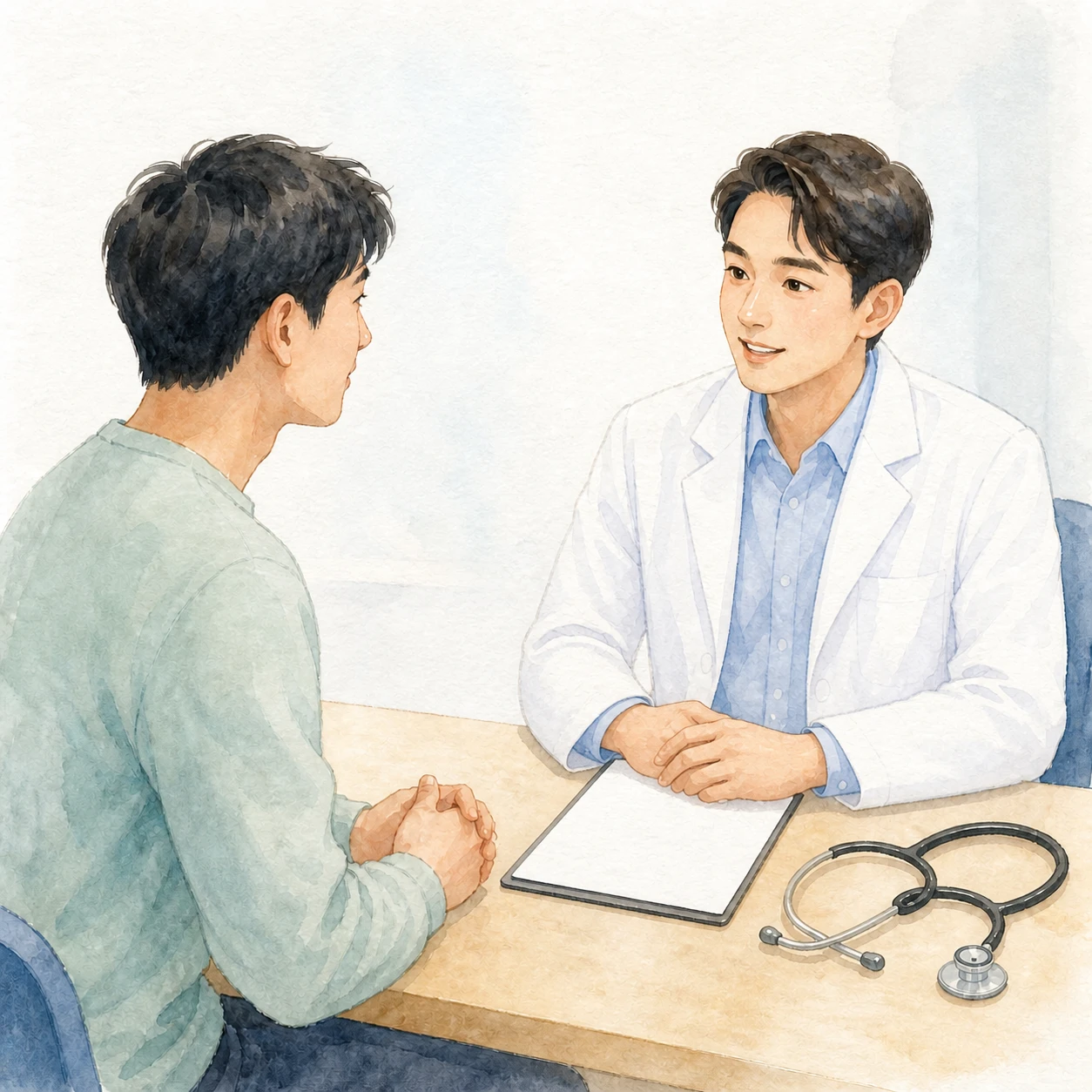 健康診断の結果を机越しに説明する医師と受診者の水彩イラスト