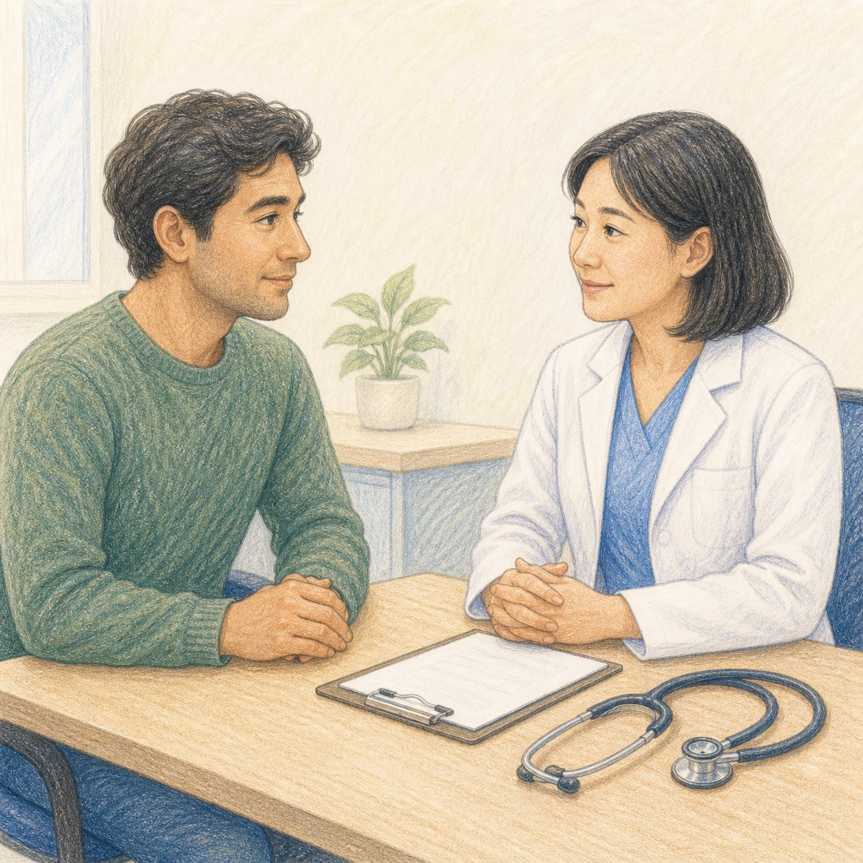 健康診断の結果を机越しに説明する医師と受診者の色鉛筆風イラスト