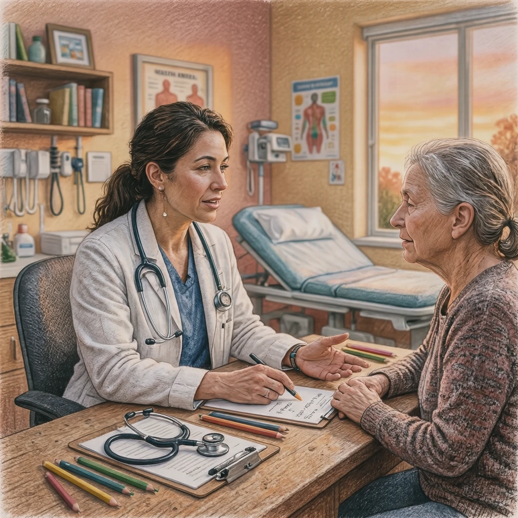 健康診断の結果を机越しに説明する医師と受診者のイラスト（色鉛筆）