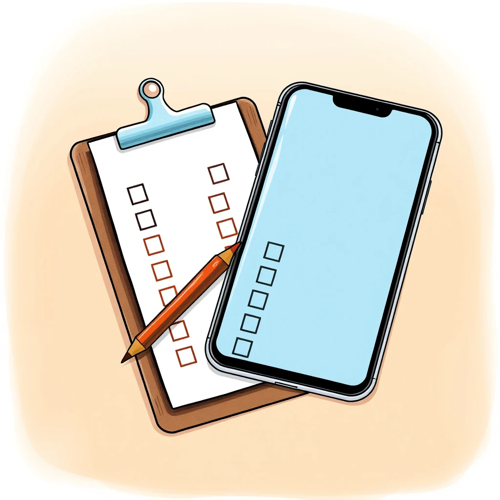 スマートフォンとチェックリストの色鉛筆風イラスト