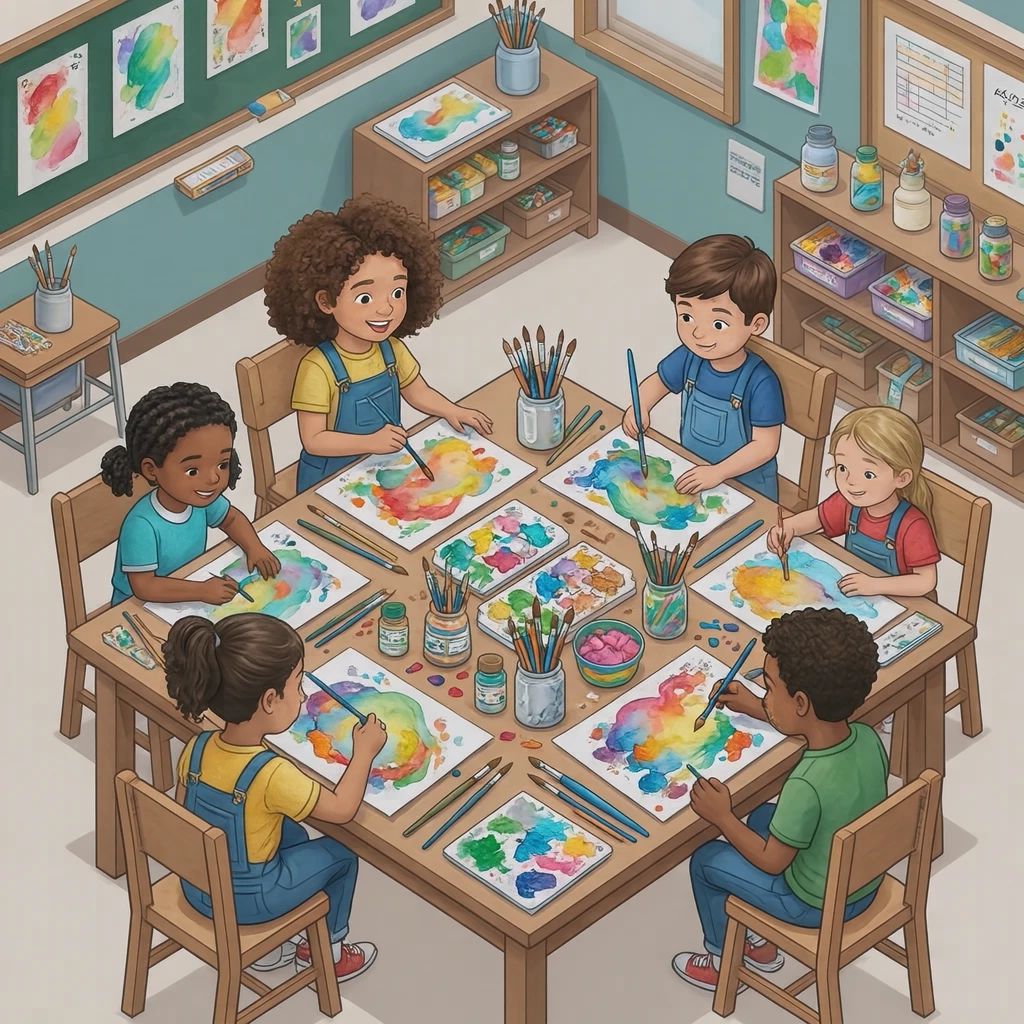 図工の授業で絵の具を使って絵を描く子どもたちのイラスト（アイソメトリック）