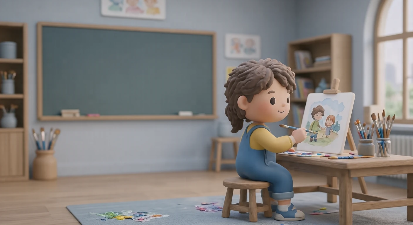 図工の授業で絵の具を使って絵を描く子どもたちのイラスト（ソフト3D）
