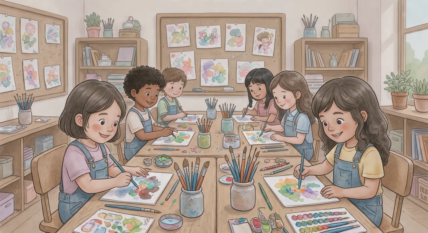 図工の授業で絵の具を使って絵を描く子どもたちのイラスト（ソフトパステル）