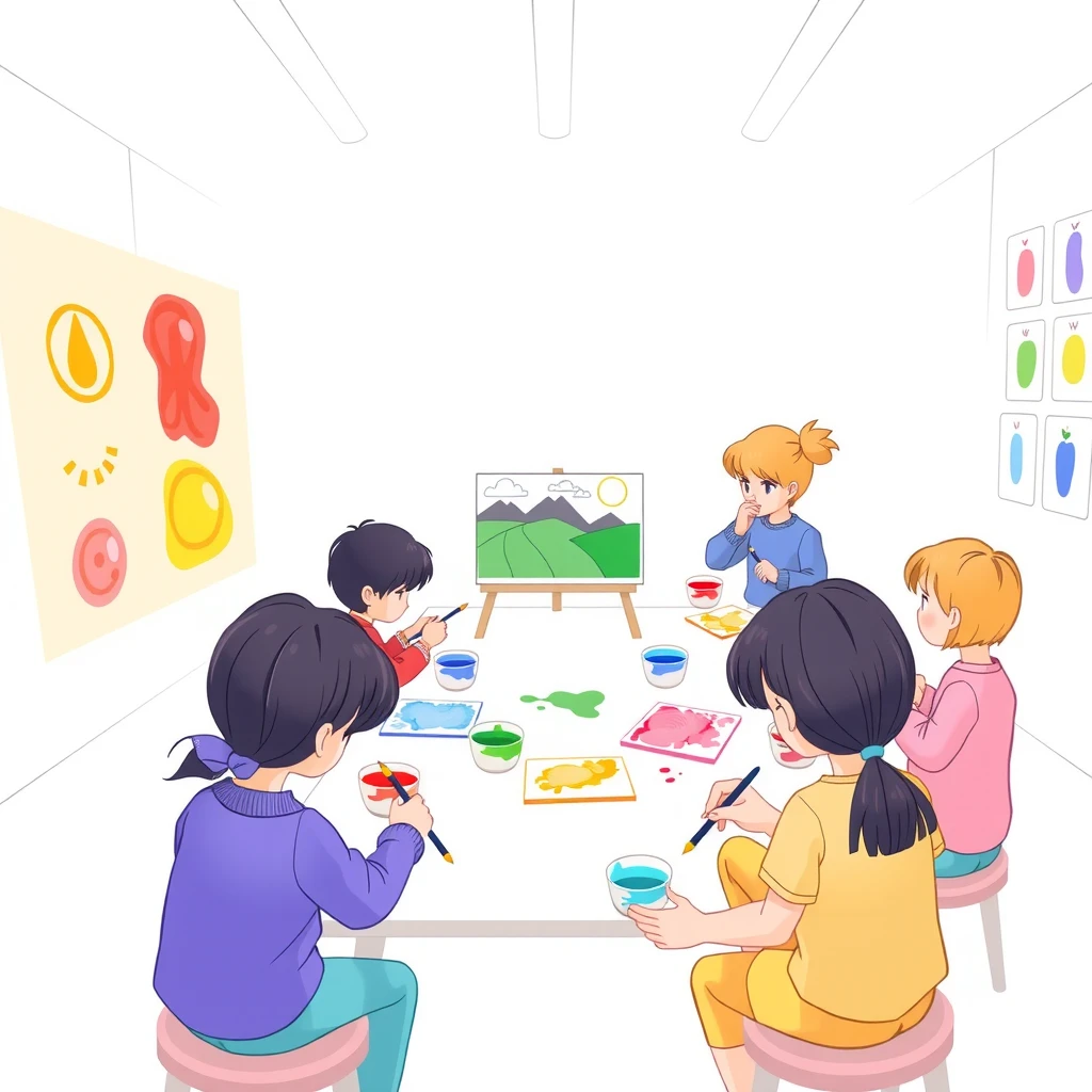 図工の授業で絵の具を使って絵を描く子どもたちのシンプルな線画イラスト