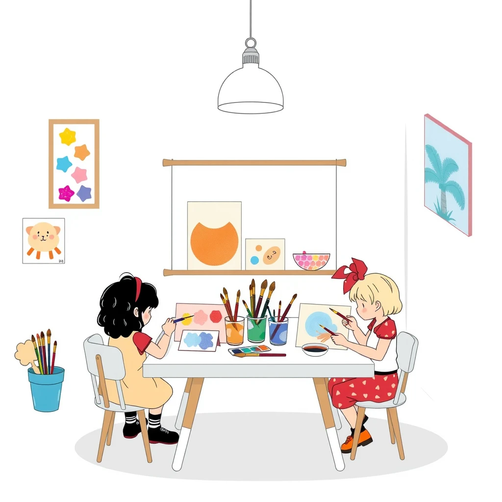 Flat illustration of children painting with watercolors in art class