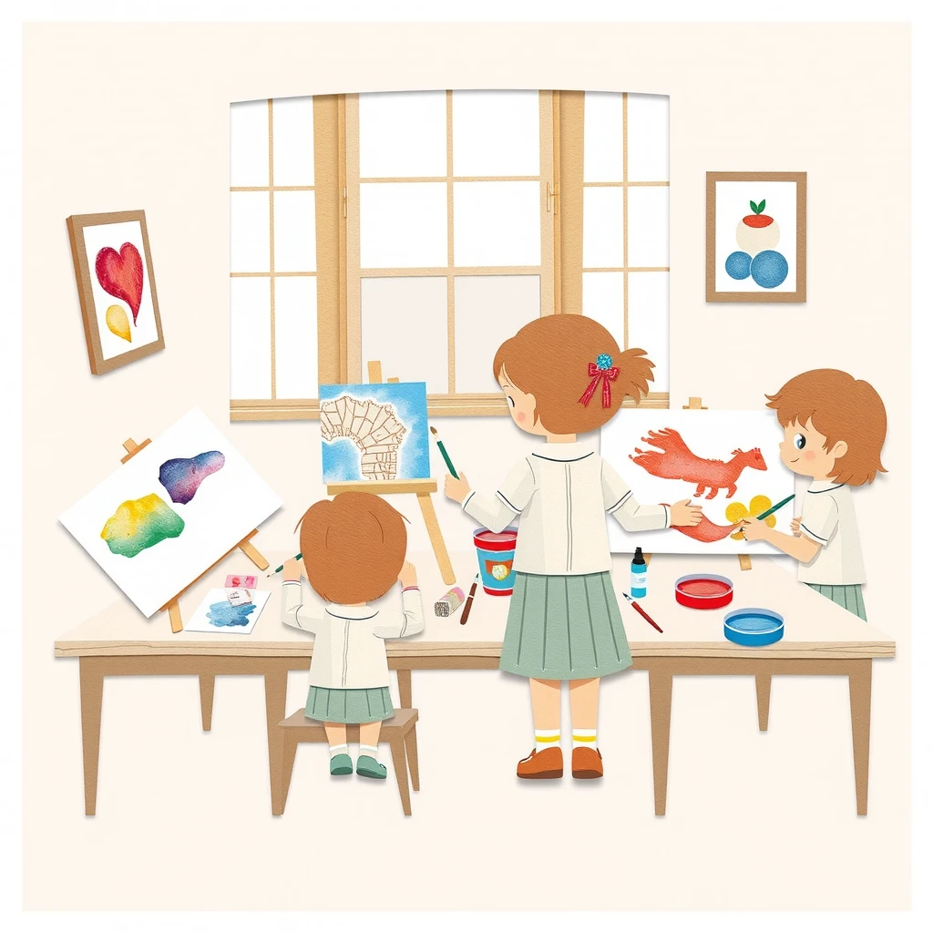 図工の授業で絵の具を使って絵を描く子どもたちの切り絵風イラスト