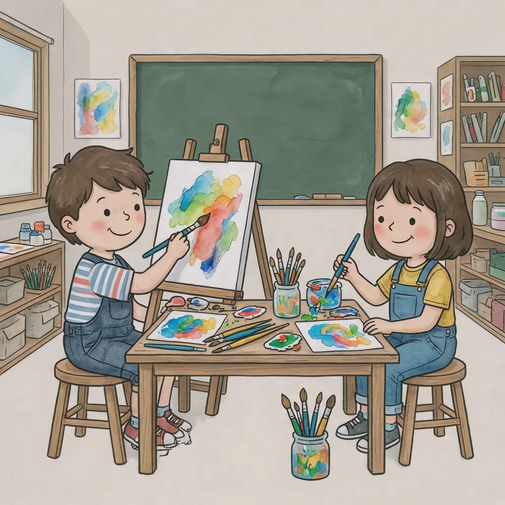 図工の授業で絵の具を使って絵を描く子どもたちのイラスト（ゆるいイラスト）