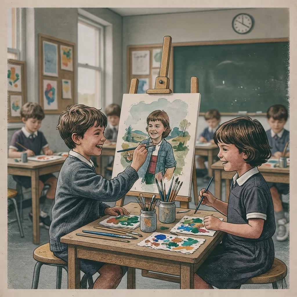 図工の授業で絵の具を使って絵を描く子どもたちのイラスト（レトロ印刷）