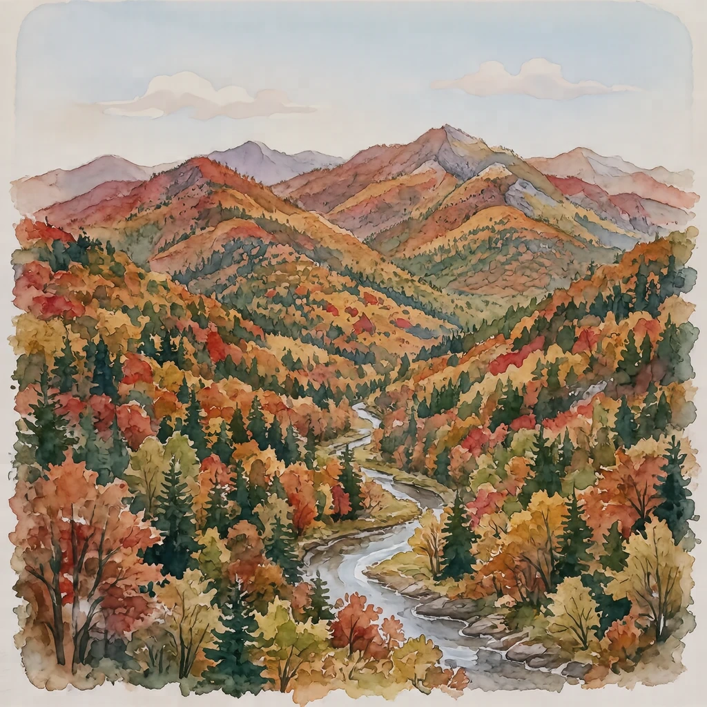 Illustration of mountains covered in red and yellow autumn foliage (watercolor)