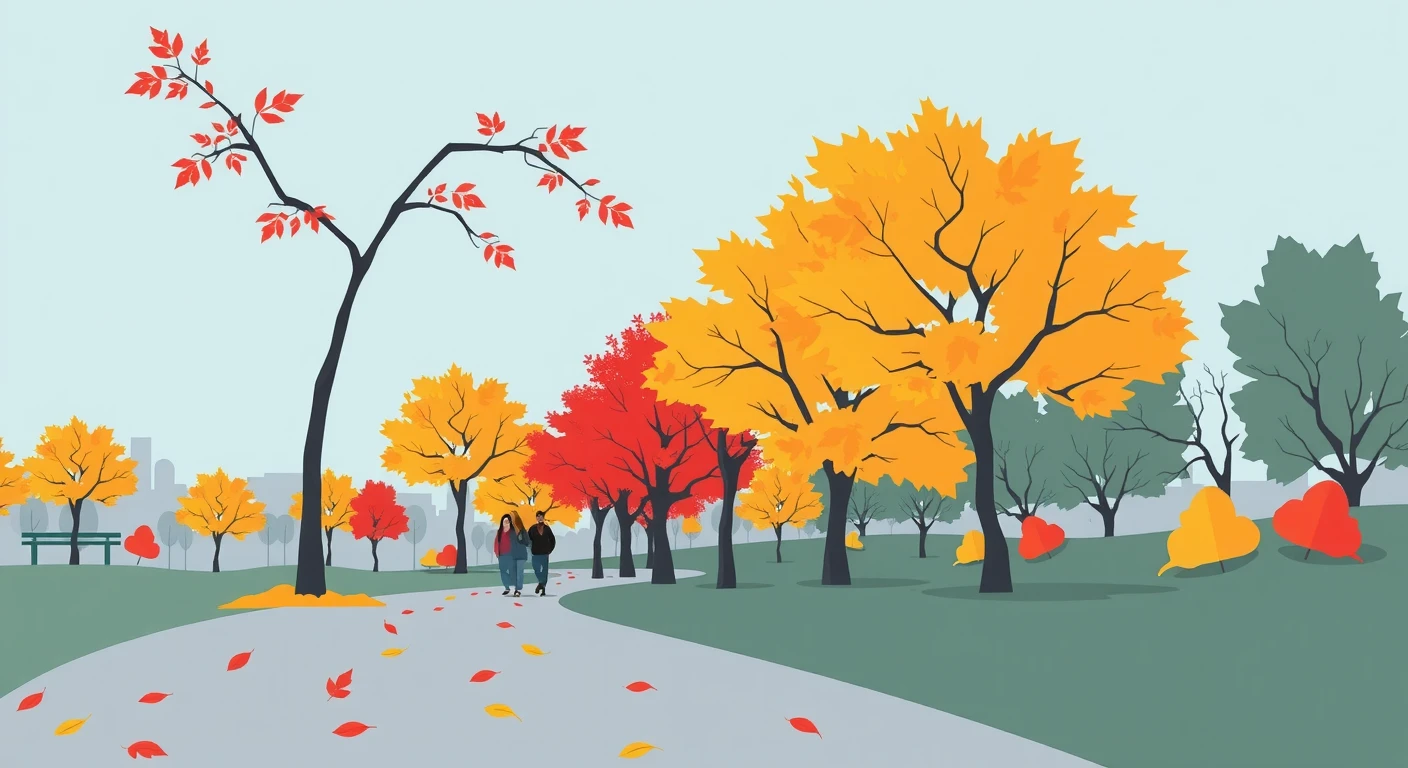 紅葉した木々の下を散策する人たちのフラットイラスト