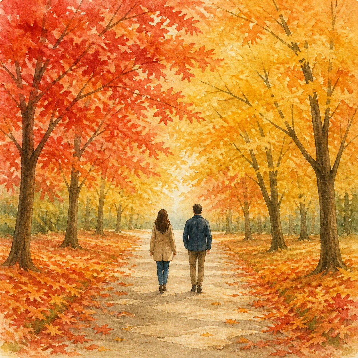 紅葉した木々の下を散策する人たちの水彩イラスト