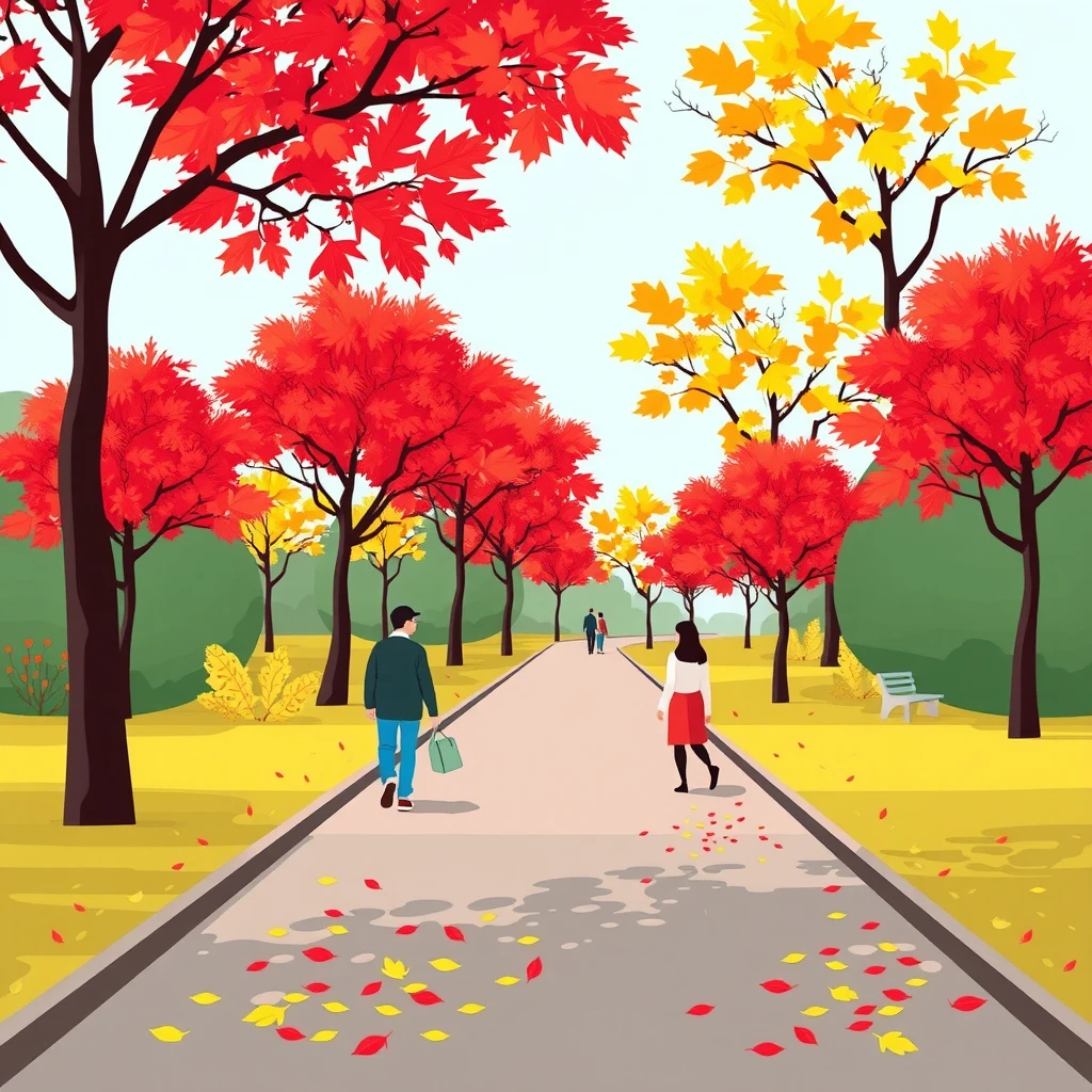 紅葉した木々の下を散策する人たちのフラットイラスト