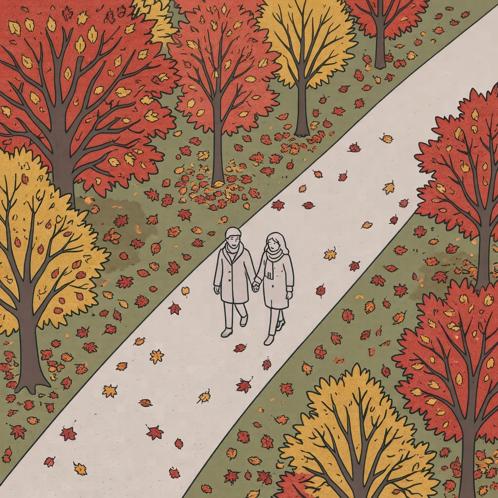 紅葉した木々の下を散策する人たちのイラスト（シンプル線画）