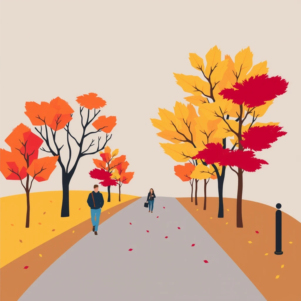 紅葉した木々の下を散策する人たちのフラットイラスト