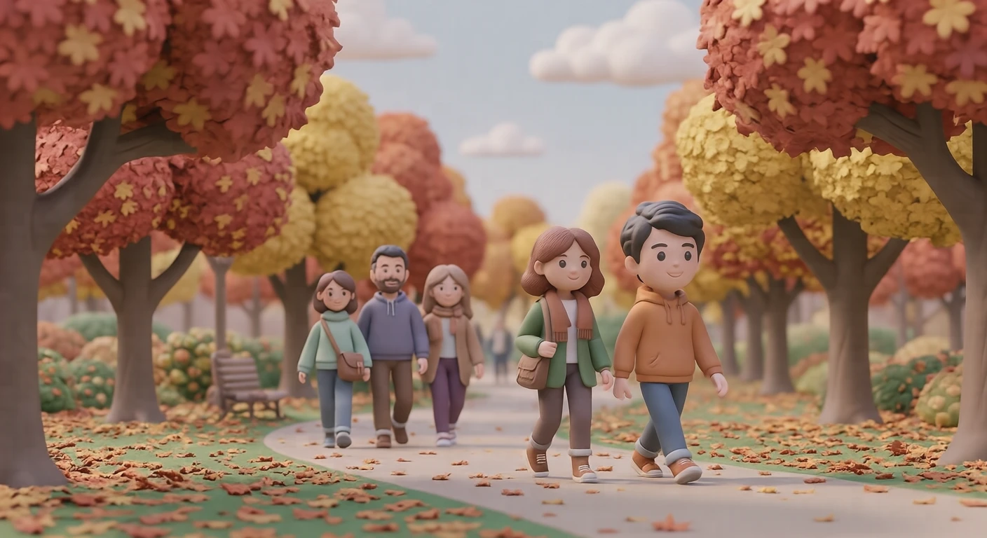 紅葉した木々の下を散策する人たちのイラスト（ソフト3D）