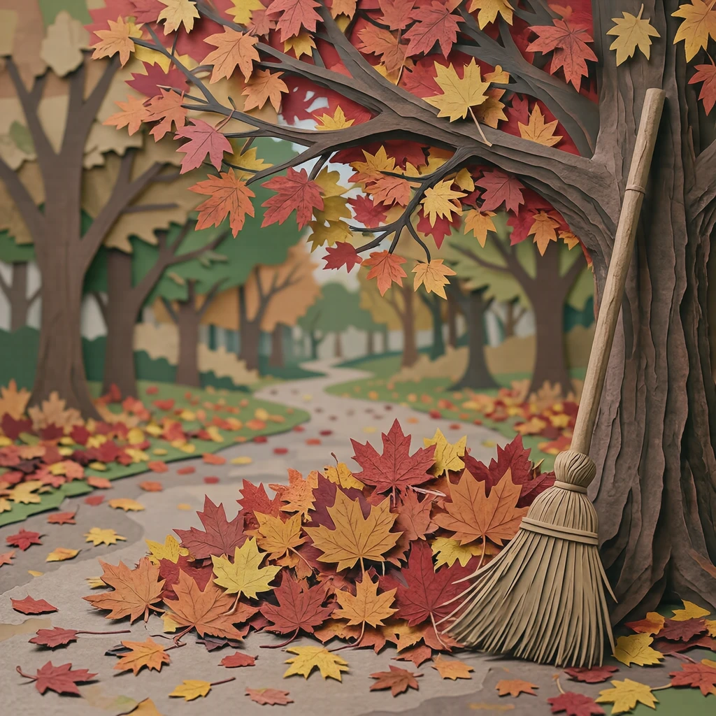 公園の小道で集めた落ち葉の山と竹ぼうきのイラスト(切り絵)