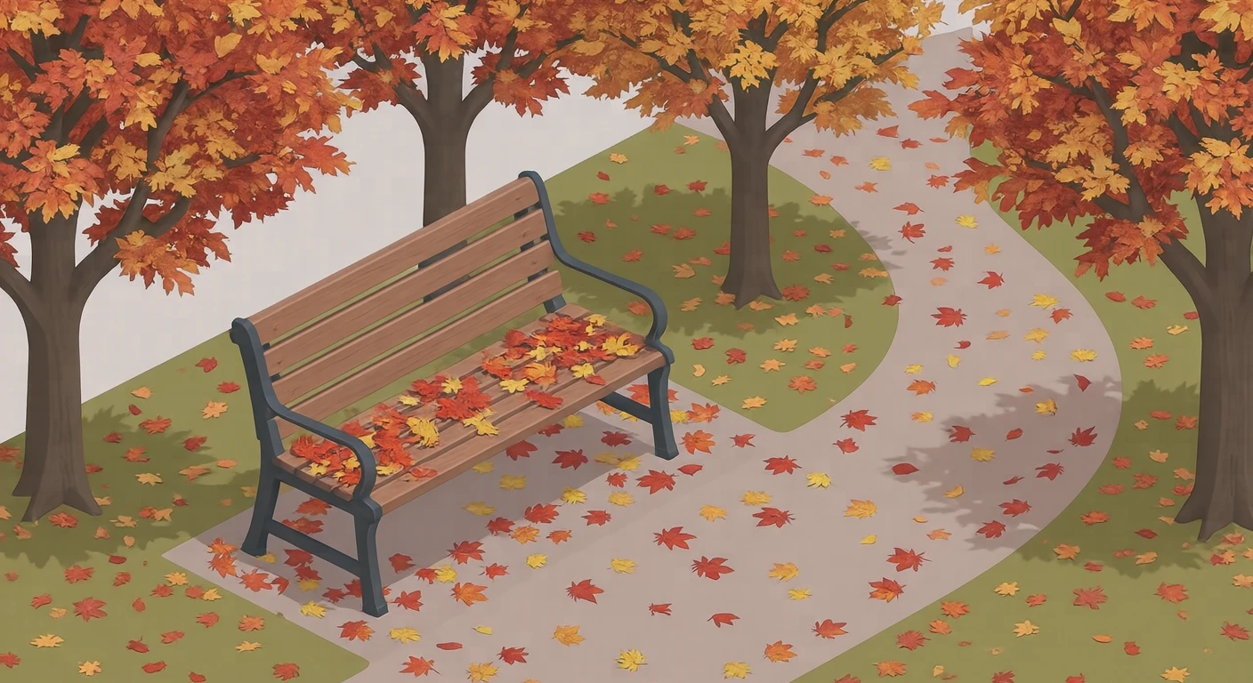 落ち葉が積もった公園のベンチと紅葉したもみじのイラスト（アイソメトリック）