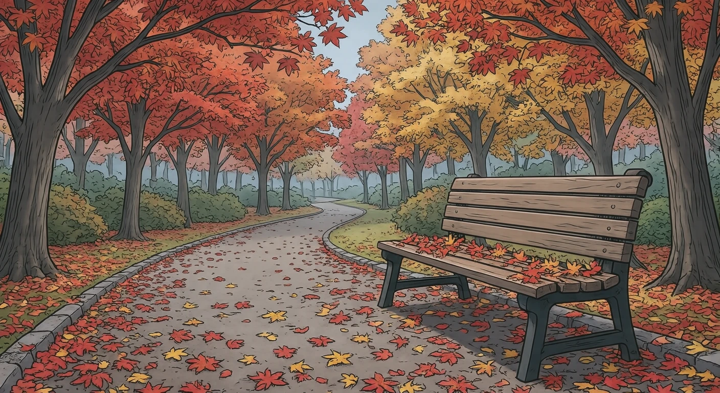 落ち葉が積もった公園のベンチと紅葉したもみじのイラスト（アニメ塗り）