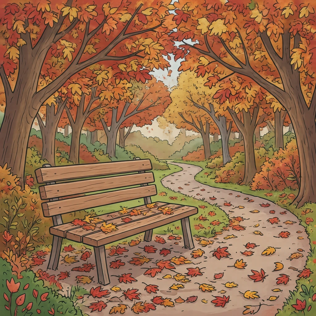 落ち葉が積もった公園のベンチと紅葉したもみじのイラスト（ゆるいイラスト）