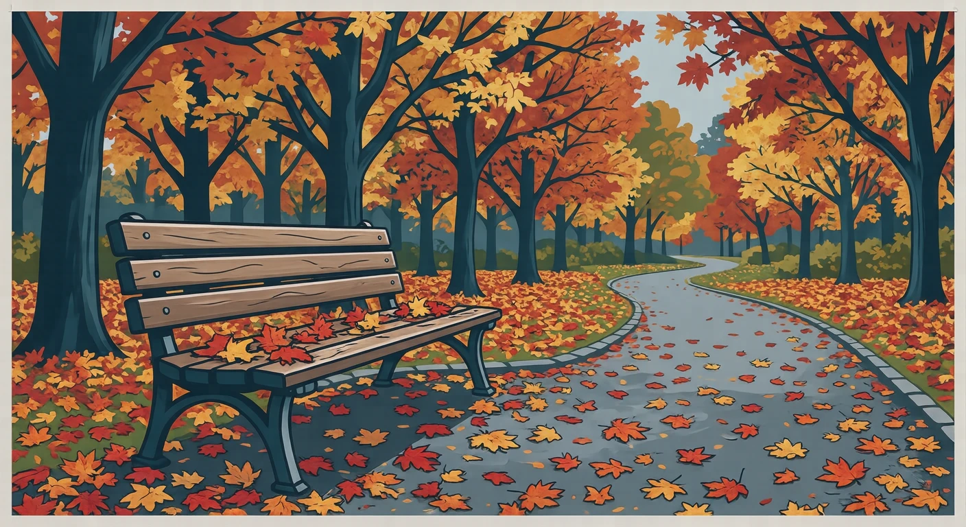 落ち葉が積もった公園のベンチと紅葉したもみじのイラスト(グラフィックポスター)