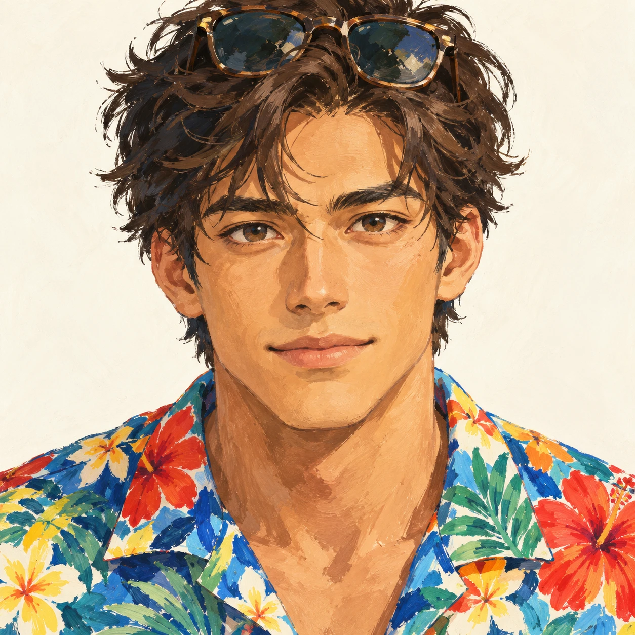 Illustration of one young man drawn in an anime style in a bright tropical flower-print aloha shirt with sunglasses pushed up onto his hair, his head and shoulders seen straight from the front with both eyes looking at the viewer and a calm closed-mouth expression, closely cropped so the head and shoulders fill most of the picture, hands not visible, a plain pale background behind him, the lower edge left as empty background with nothing written on it (gouache)