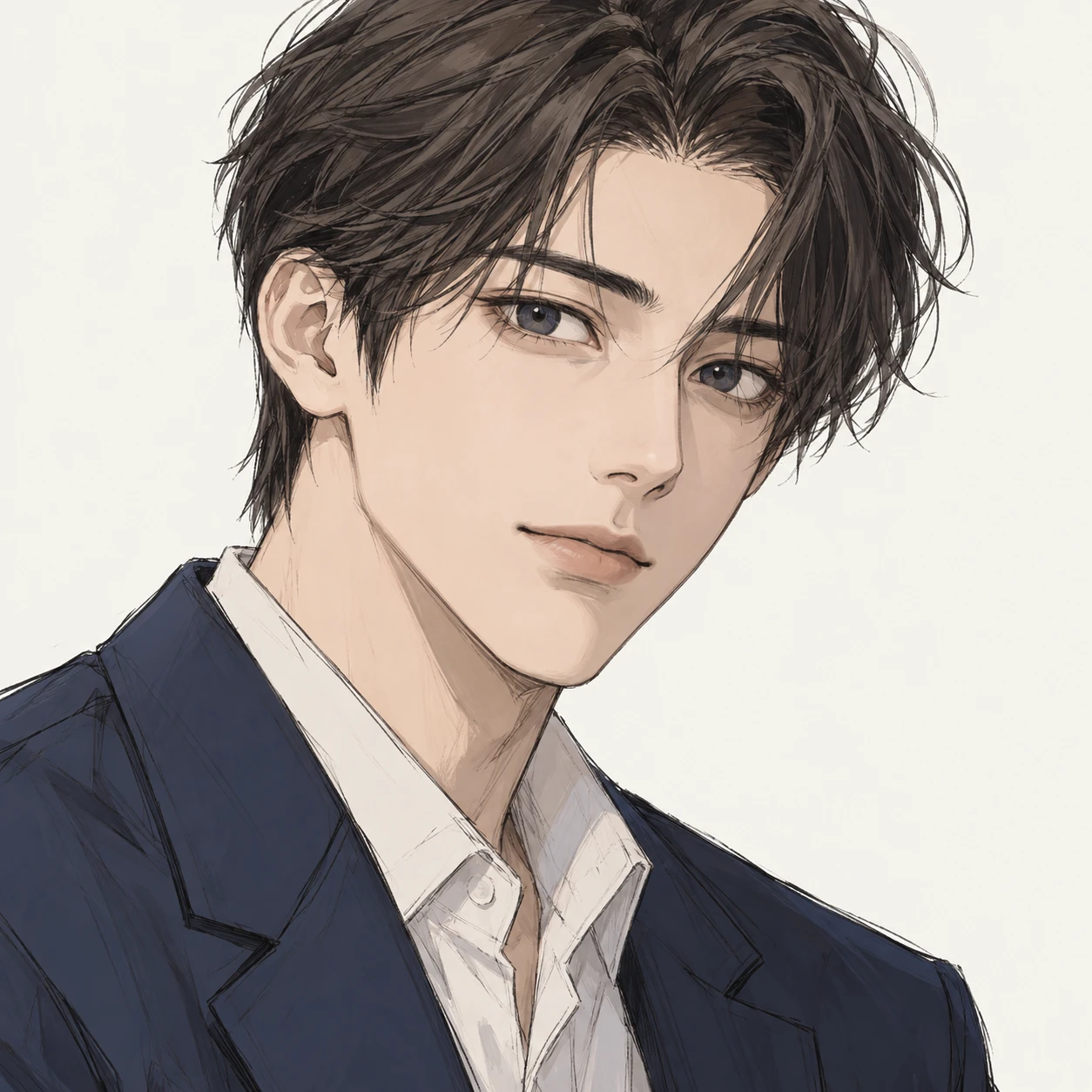 無地を背にした斜め向きのアナウンサーのジャケットの男性のイラスト（手描き風）