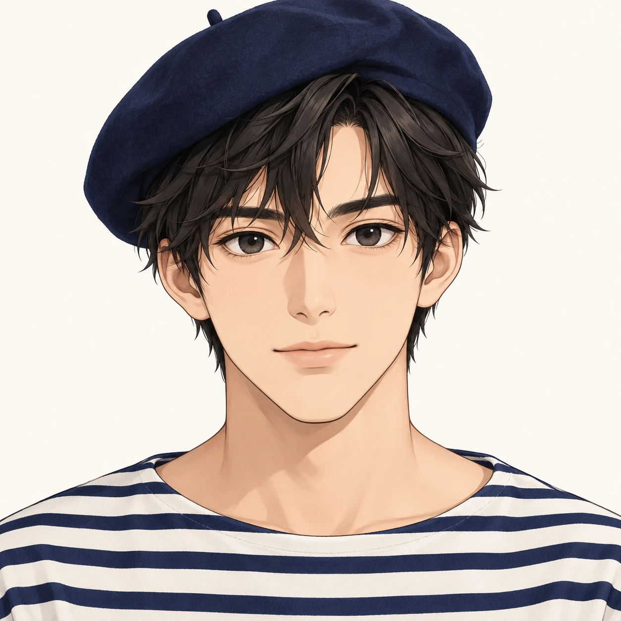 Illustration of one young man drawn in an anime style in a dark navy beret and a navy and white striped boat-neck top with short dark hair, his head and shoulders seen straight from the front with both eyes looking at the viewer and a calm closed-mouth expression, closely cropped so the head and shoulders fill most of the picture, hands not visible, a plain pale background behind him, the lower edge left as empty background with nothing written on it (isometric)