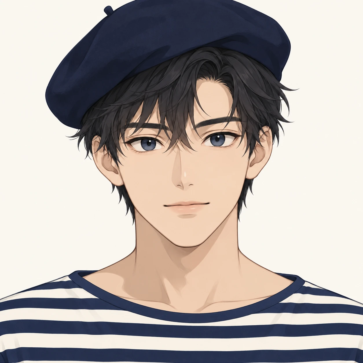 Illustration of one young man drawn in an anime style in a dark navy beret and a navy and white striped boat-neck top with short dark hair, his head and shoulders seen straight from the front with both eyes looking at the viewer and a calm closed-mouth expression, closely cropped so the head and shoulders fill most of the picture, hands not visible, a plain pale background behind him, the lower edge left as empty background with nothing written on it (flat illustration)
