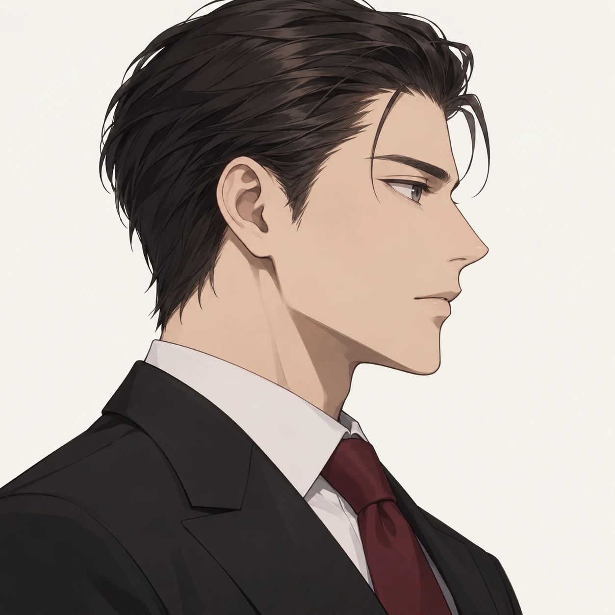 無地を背にした横向きのスーツとネクタイの男性のイラスト（ゆるいイラスト）