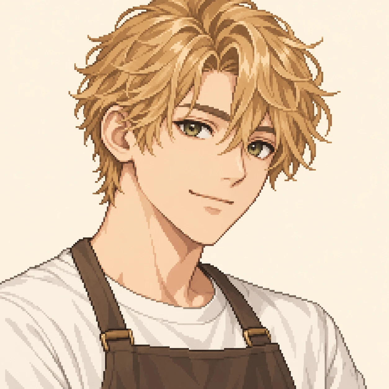 Illustration of one young man drawn in an anime style in a canvas cafe apron over a plain shirt with honey blonde hair, his head and shoulders seen at a three-quarter angle with his face turned slightly to one side, both eyes visible and looking at the viewer with a calm closed-mouth expression, closely cropped so the head and shoulders fill most of the picture, hands not visible, a plain pale background behind him, the lower edge left as empty background with nothing written on it (pixel art)