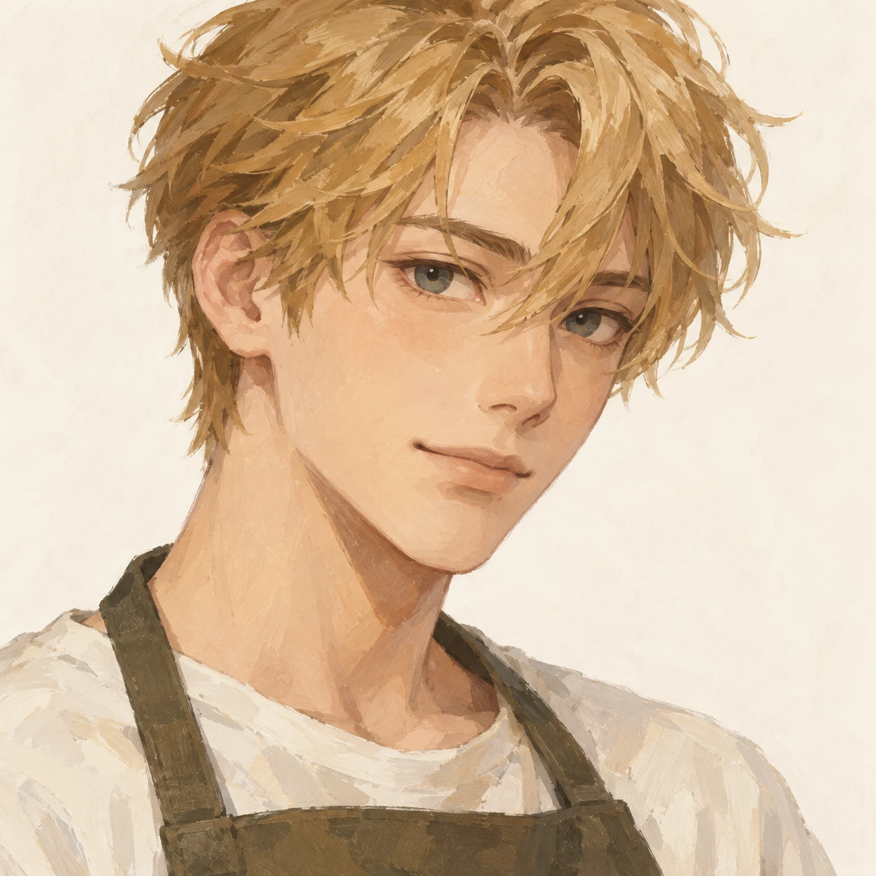 Illustration of one young man drawn in an anime style in a canvas cafe apron over a plain shirt with honey blonde hair, his head and shoulders seen at a three-quarter angle with his face turned slightly to one side, both eyes visible and looking at the viewer with a calm closed-mouth expression, closely cropped so the head and shoulders fill most of the picture, hands not visible, a plain pale background behind him, the lower edge left as empty background with nothing written on it (gouache)