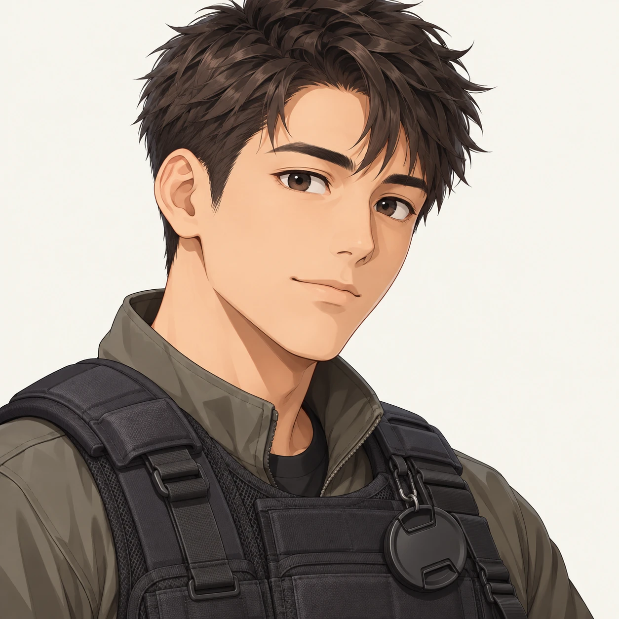 Illustration of one young man drawn in an anime style in a padded camera vest with a lens cap clipped at the chest and short hair, his head and shoulders seen at a three-quarter angle with his face turned slightly to one side, both eyes visible and looking at the viewer with a calm closed-mouth expression, closely cropped so the head and shoulders fill most of the picture, hands not visible, a plain pale background behind him, the lower edge left as empty background with nothing written on it (isometric)