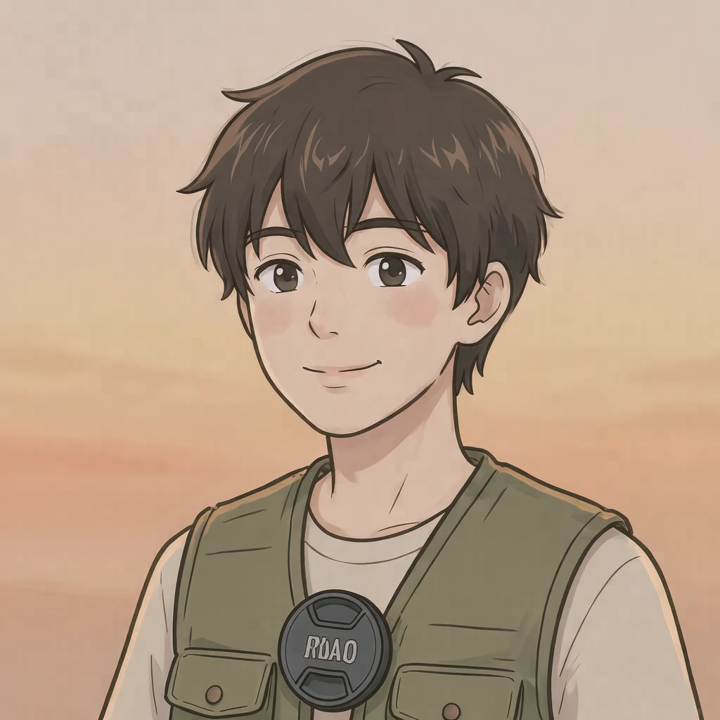 Illustration of one young man drawn in an anime style in a padded camera vest with a lens cap clipped at the chest and short hair, his head and shoulders seen at a three-quarter angle with his face turned slightly to one side, both eyes visible and looking at the viewer with a calm closed-mouth expression, closely cropped so the head and shoulders fill most of the picture, hands not visible, a plain pale background behind him, the lower edge left as empty background with nothing written on it (loose cartoon)