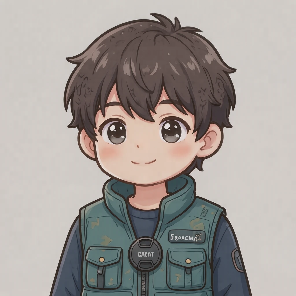 Illustration of one young man drawn in an anime style in a padded camera vest with a lens cap clipped at the chest and short hair, his head and shoulders seen at a three-quarter angle with his face turned slightly to one side, both eyes visible and looking at the viewer with a calm closed-mouth expression, closely cropped so the head and shoulders fill most of the picture, hands not visible, a plain pale background behind him, the lower edge left as empty background with nothing written on it (chibi)